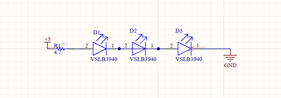 A circuit schematic dipicting 3 LEDs